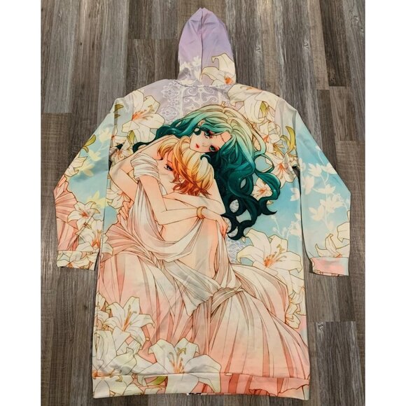 Anime-Inspired Hooded Longline Jacket Zipper Front Floral Art Allover Print 2LX - Picture 14 of 16